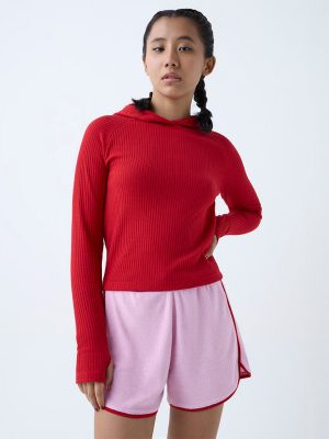 Studiofit Red Ribbed-Textured Hooded T-Shirt