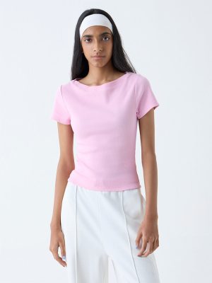 Studiofit Pink Ribbed-Textured Cotton-Blend T-Shirt