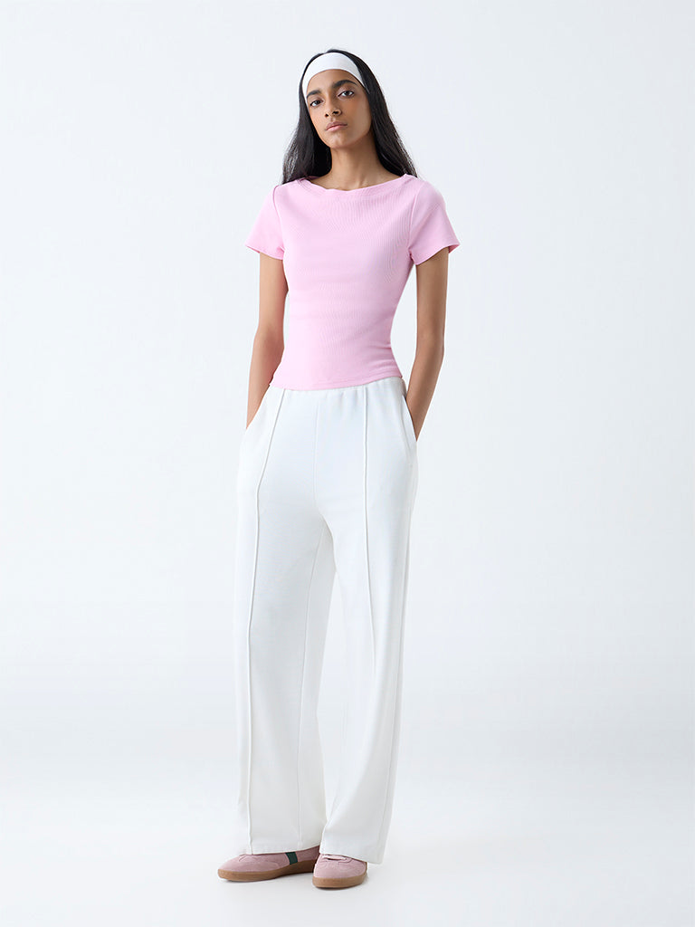 Studiofit Pink Ribbed-Textured Cotton-Blend T-Shirt - Image 2