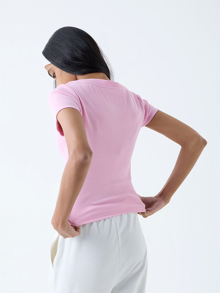Studiofit Pink Ribbed-Textured Cotton-Blend T-Shirt - Image 4