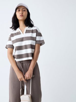 Studiofit Brown Striped Cotton-Blend T-Shirt