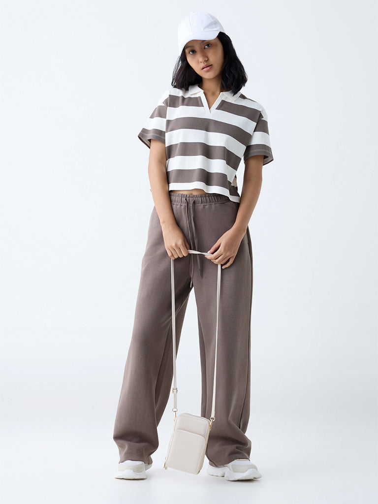 Studiofit Brown Striped Cotton-Blend T-Shirt - Image 2