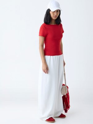 Studiofit Red Ribbed-Textured Cotton-Blend T-Shirt