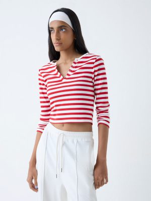 Studiofit Red Striped Cotton-Blend T-Shirt