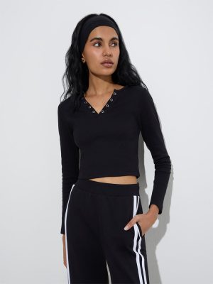 Studiofit Black Ribbed Cotton-Blend Henley T-Shirt