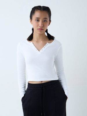 Studiofit White Ribbed Cotton-Blend Top