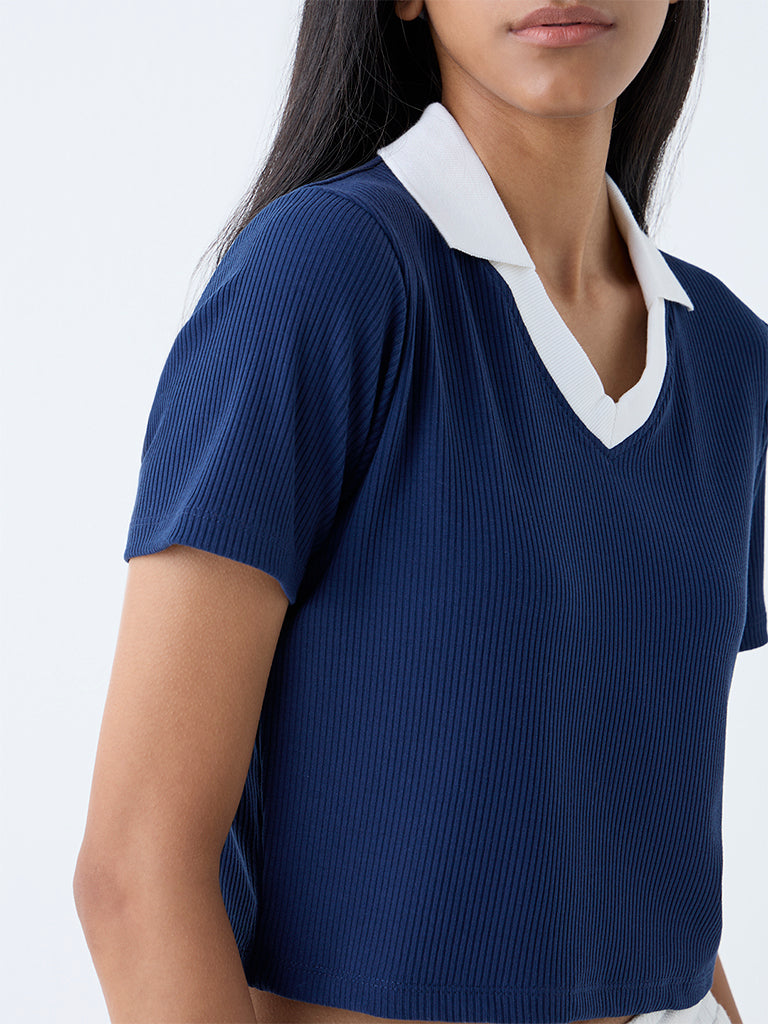 Studiofit Navy Ribbed-Textured T-Shirt - Image 3