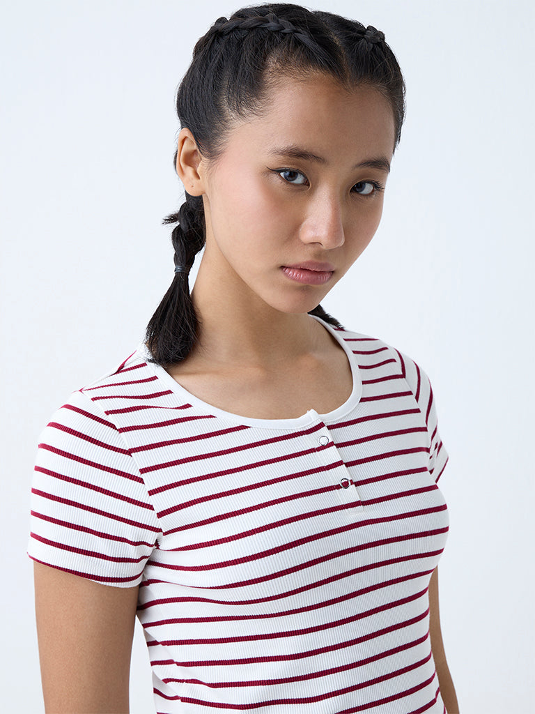 Studiofit Maroon Stripe Cotton-Blend T-Shirt - Image 3