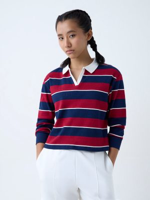 Studiofit Maroon Stripe Cotton-Blend T-Shirt