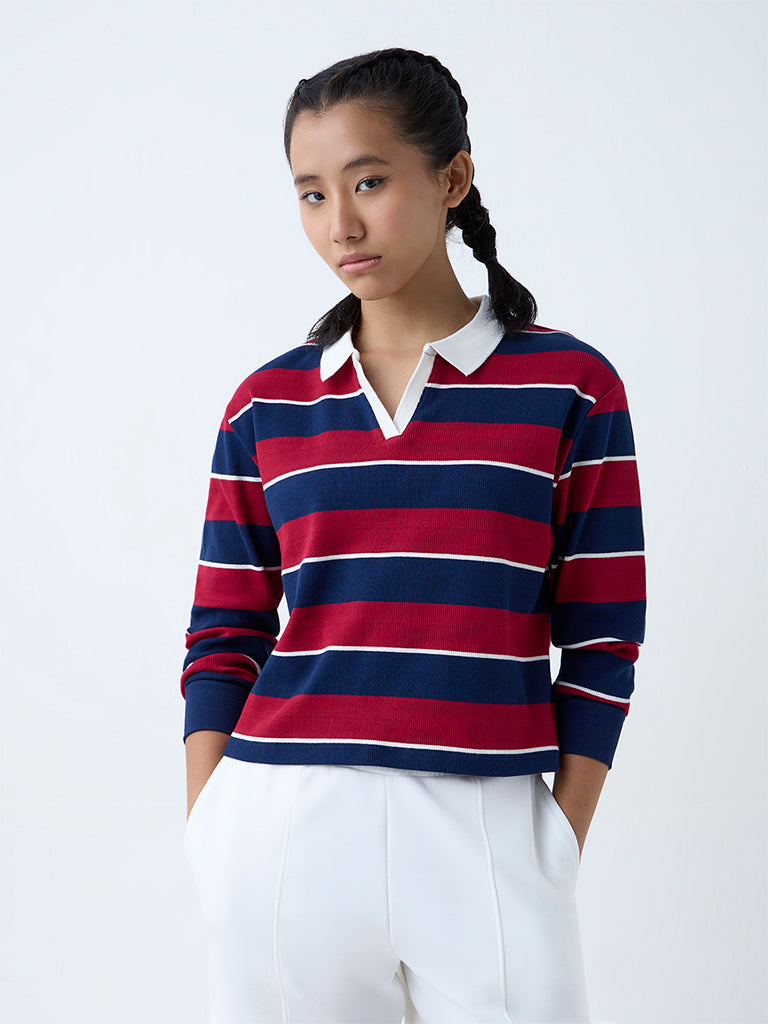 Studiofit Maroon Stripe Cotton-Blend T-Shirt