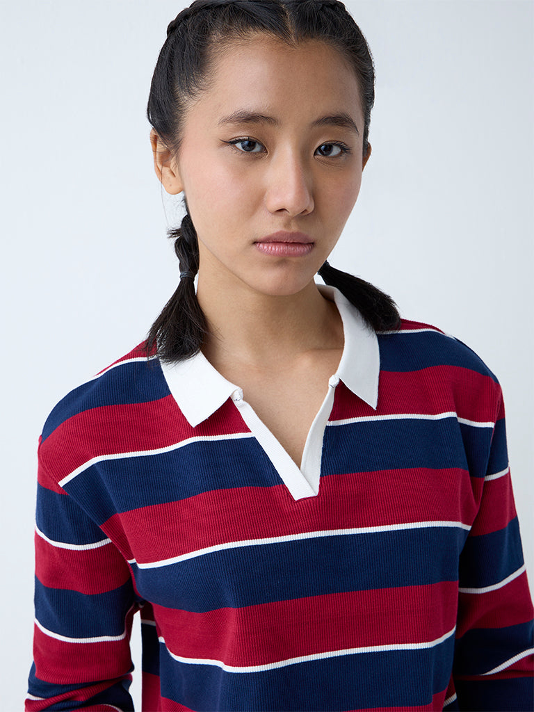 Studiofit Maroon Stripe Cotton-Blend T-Shirt - Image 3