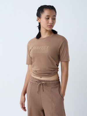 Studiofit Brown Text Printed Cotton T-Shirt