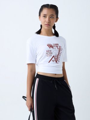 Studiofit White Printed Cotton T-Shirt