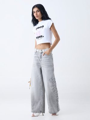 Nuon Grey Faded Wide-Leg Mid-Rise Jeans