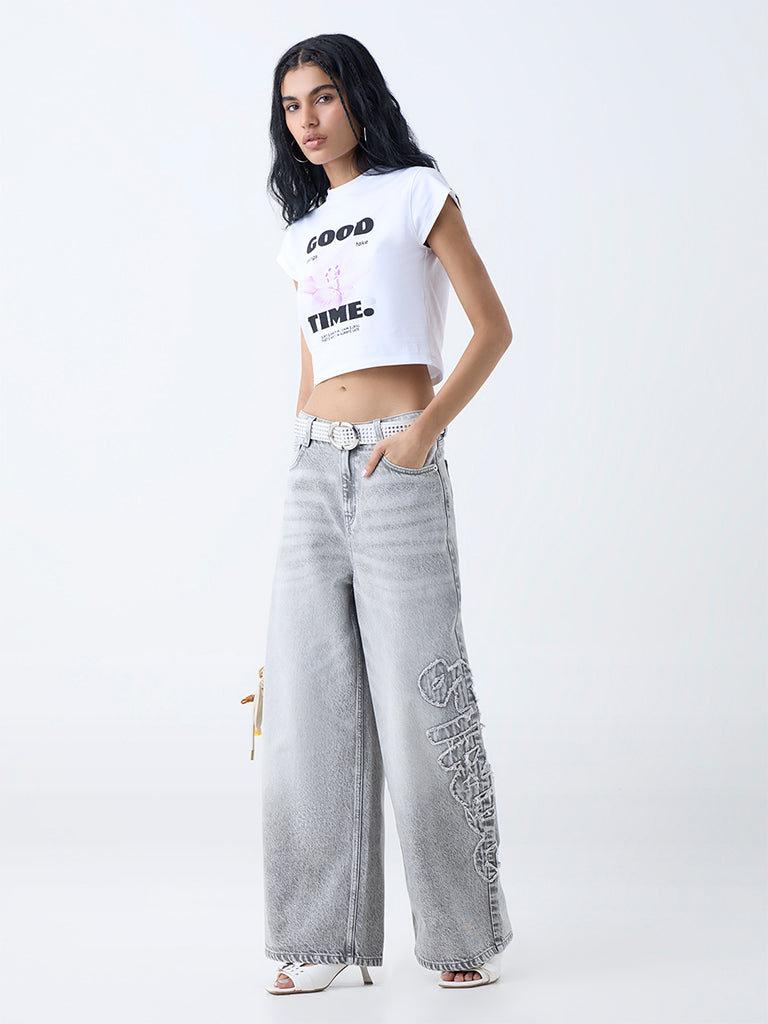 Nuon Grey Faded Wide-Leg Mid-Rise Jeans