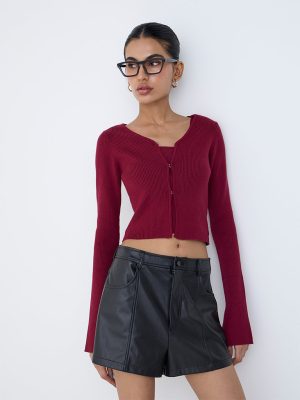 Nuon Red Ribbed Textured Cardigan with Inner