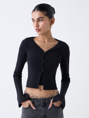 Nuon Black Ribbed Textured Cardigan with Inner