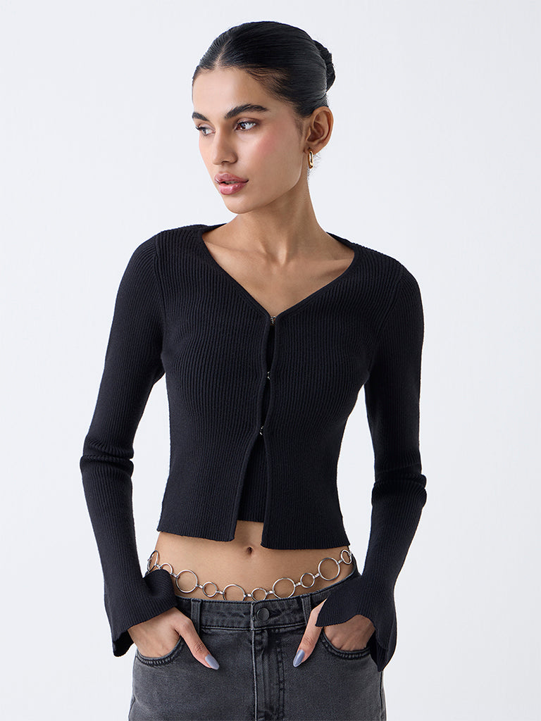 Nuon Black Ribbed Textured Cardigan with Inner