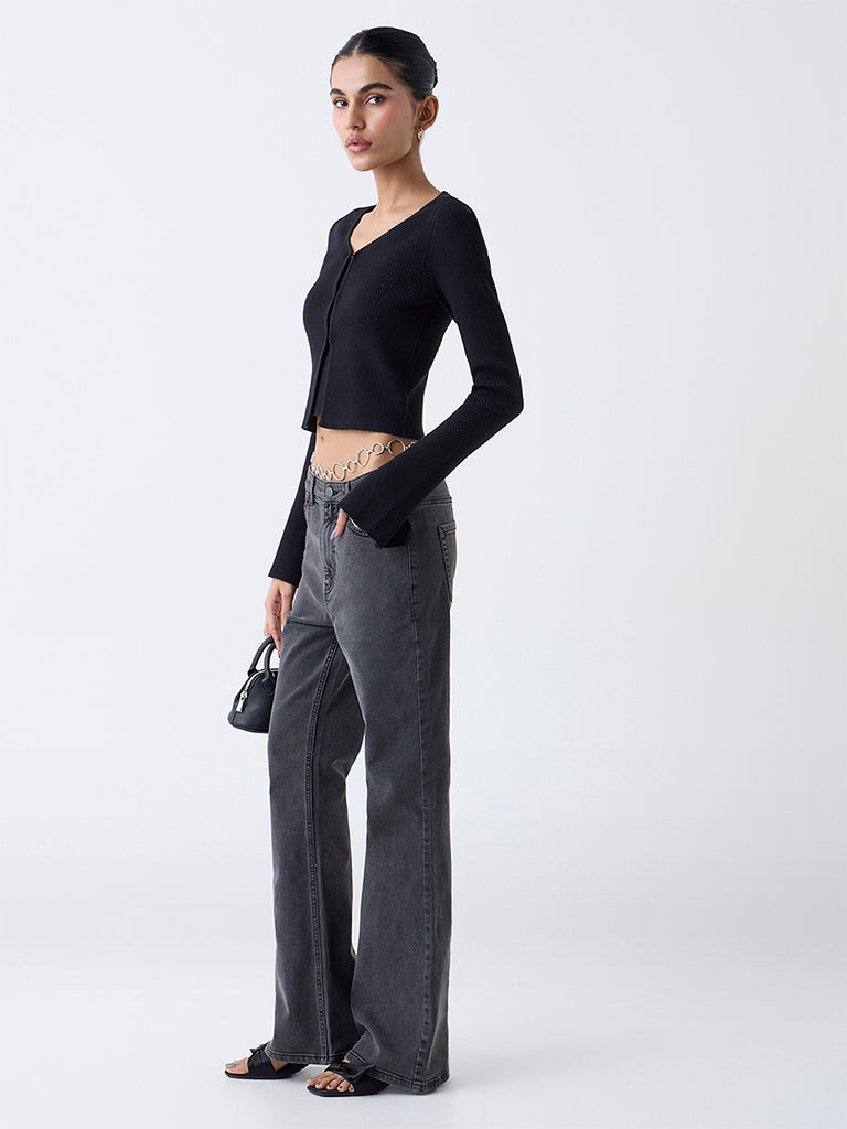 Nuon Black Ribbed Textured Cardigan with Inner - Image 2