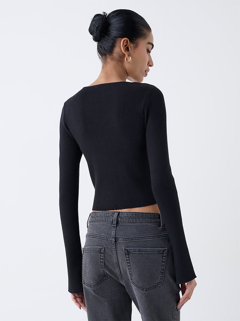 Nuon Black Ribbed Textured Cardigan with Inner - Image 4