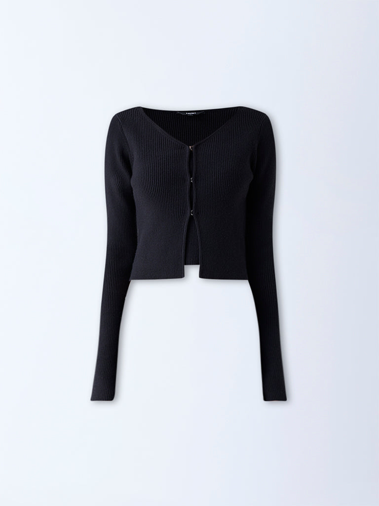 Nuon Black Ribbed Textured Cardigan with Inner - Image 5