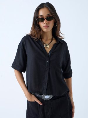 LOV Black Solid Linen Shirt