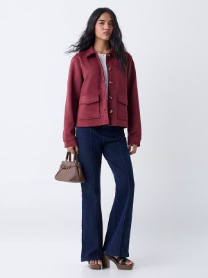 LOV Burgundy Solid Faux Suede Jacket