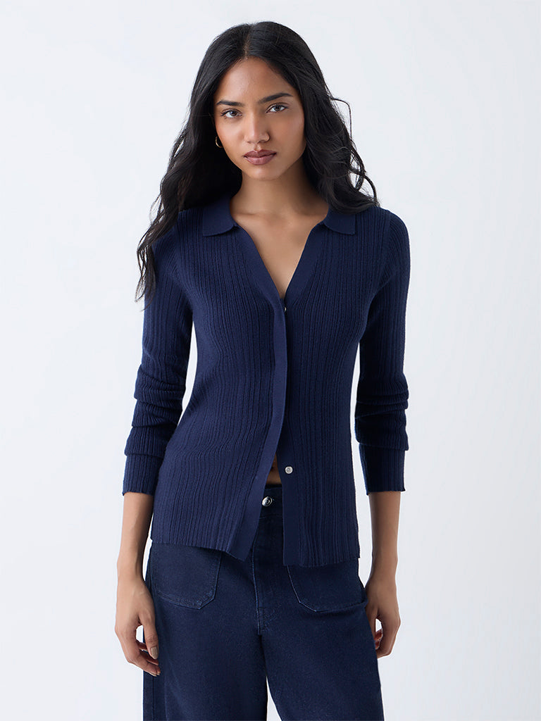 LOV Navy Ribbed-Textured Cardigan
