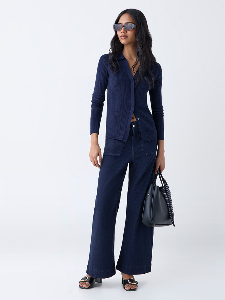 LOV Navy Ribbed-Textured Cardigan - Image 2