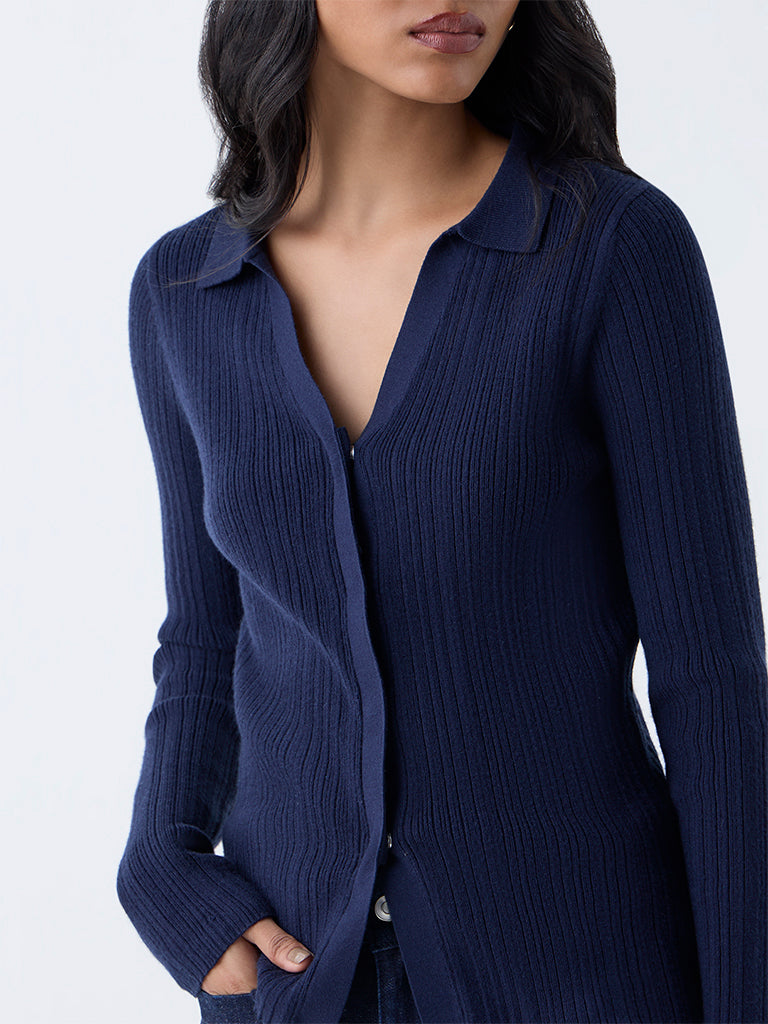 LOV Navy Ribbed-Textured Cardigan - Image 3