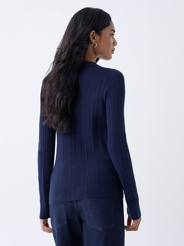LOV Navy Ribbed-Textured Cardigan - Image 4