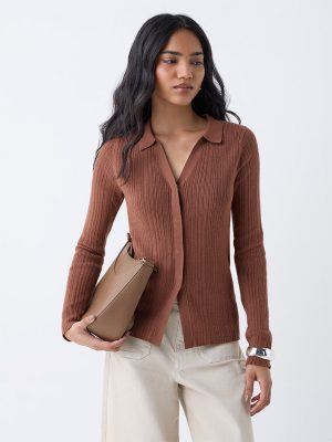 LOV Brown Ribbed-Textured Cardigan