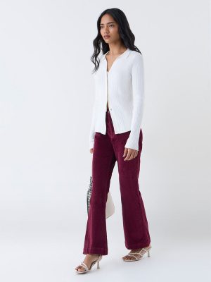 LOV White Ribbed-Textured Cardigan