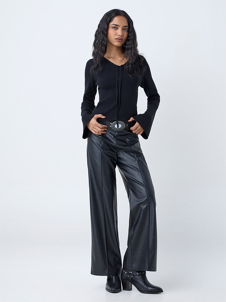 LOV Black Ribbed Criss-Cross Top