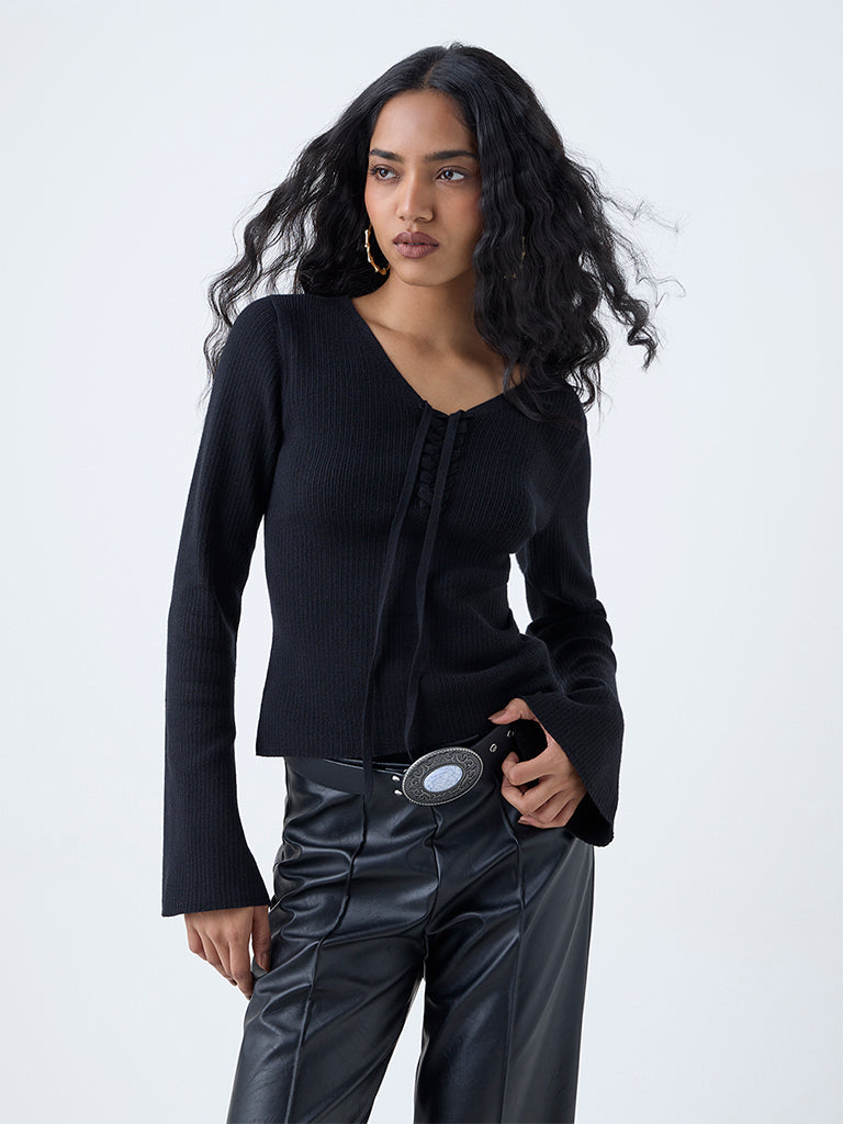 LOV Black Ribbed Criss-Cross Top - Image 2