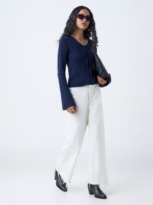 LOV Navy Ribbed Criss-Cross Top