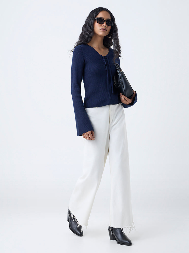 LOV Navy Ribbed Criss-Cross Top