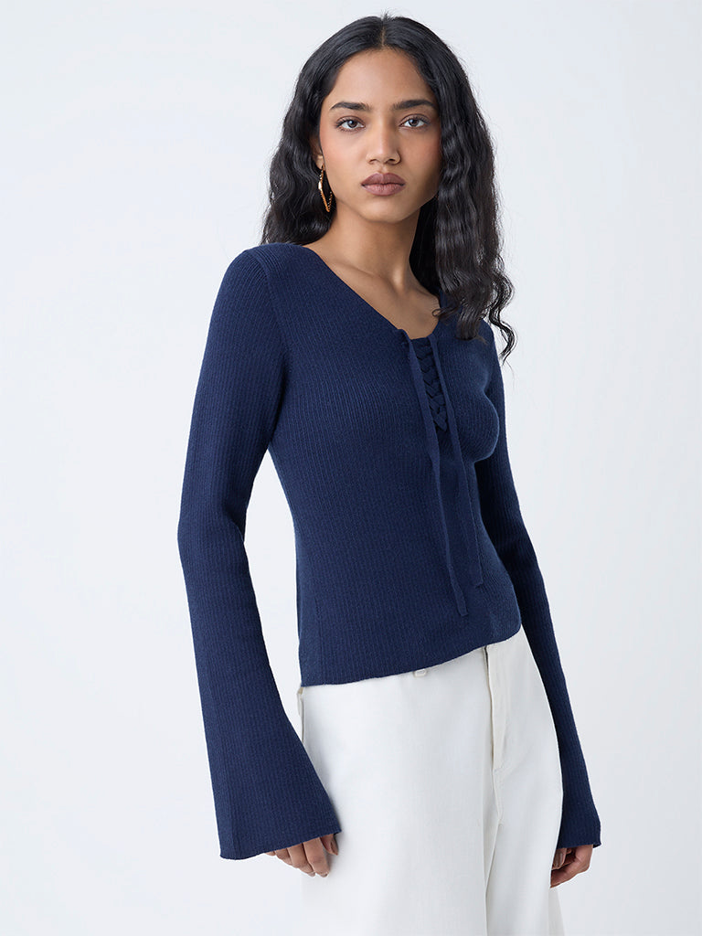 LOV Navy Ribbed Criss-Cross Top - Image 2