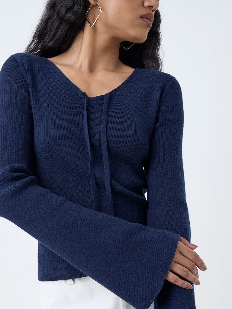 LOV Navy Ribbed Criss-Cross Top - Image 3