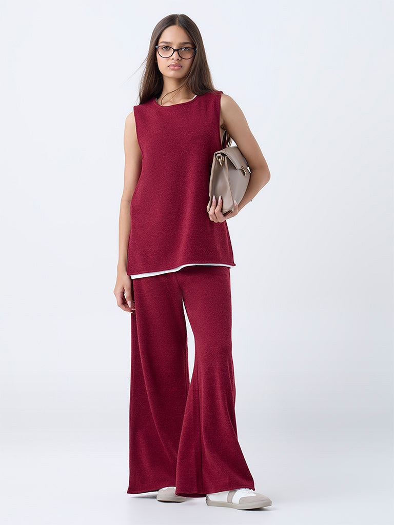 LOV Burgundy Wide-Leg High-Rise Trousers