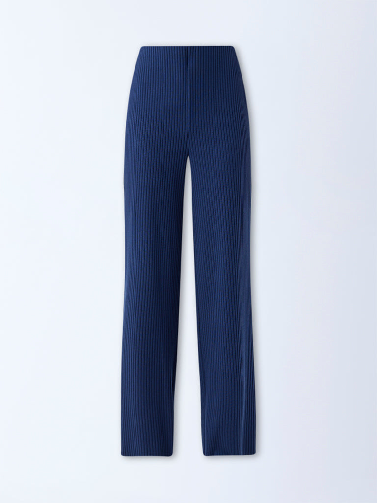 LOV Navy Self-Striped High-Rise Cotton-Blend Pants - Image 6