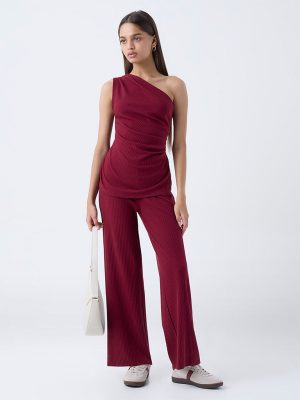 LOV Burgundy Self-Striped High-Rise Cotton-Blend Pants