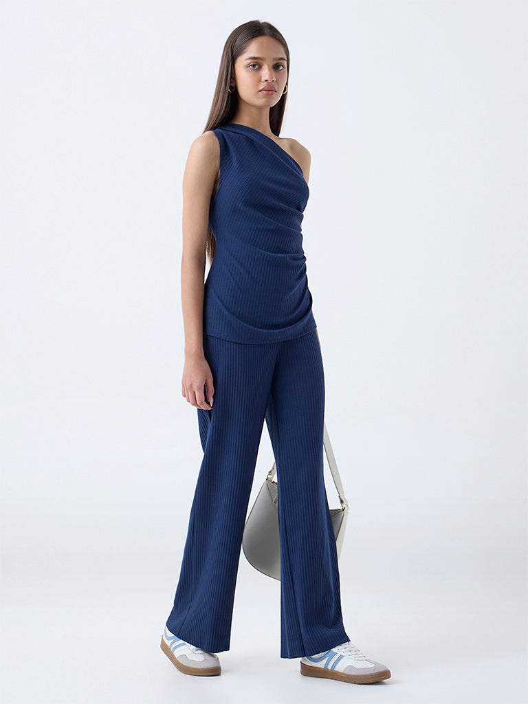 LOV Navy Self-Striped High-Rise Cotton-Blend Pants