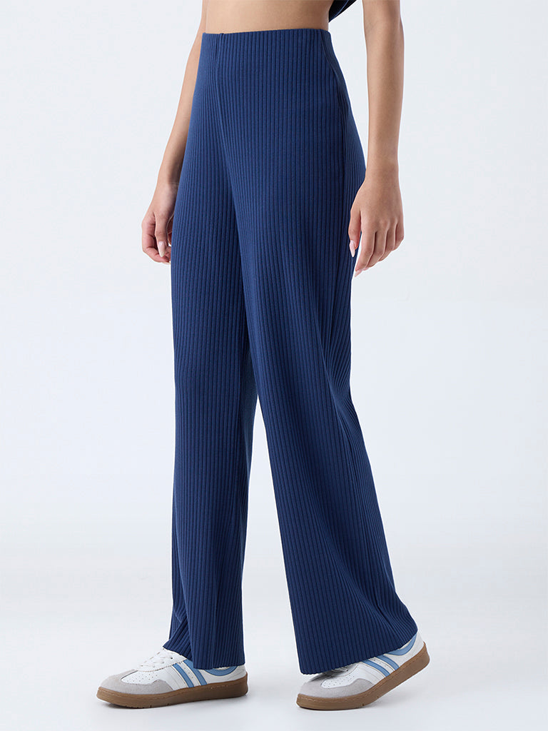LOV Navy Self-Striped High-Rise Cotton-Blend Pants - Image 3