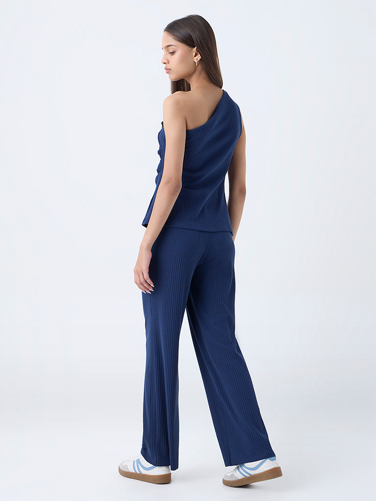 LOV Navy Self-Striped High-Rise Cotton-Blend Pants - Image 5