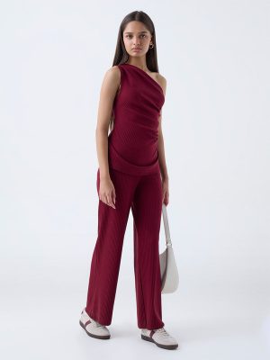 LOV Burgundy Self-Striped One-Shoulder Cotton- Blend Top