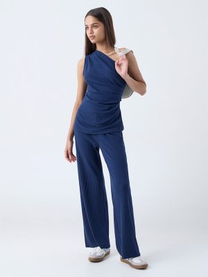 LOV Navy Self-Striped One-Shoulder Cotton-Blend Top