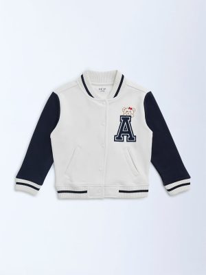 HOP Kids White Colour-Blocked Cotton-Blend Varsity Jacket