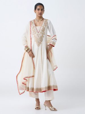 Vark Off-White Cotton-Blend Anarkali Ethnic Set