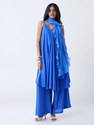 Vark Blue Diamante Embellished A-Line Ethnic Set